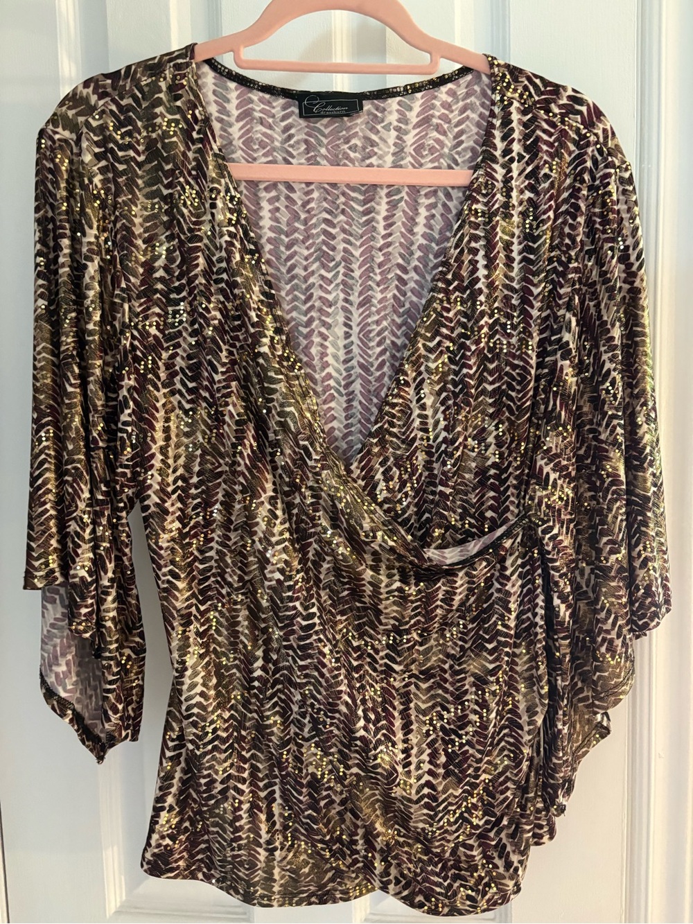 ✨✨ Dress Barn Brown & Gold Metallic-Print Wrap Blouse